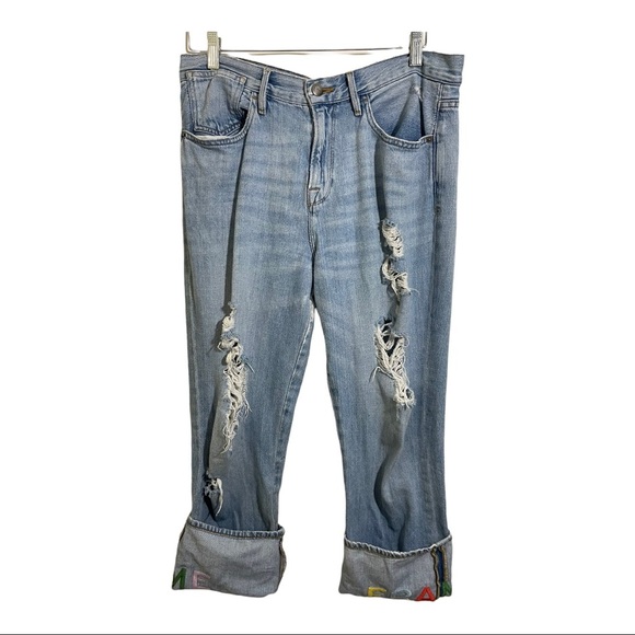 Frame le embroidery boyfriend jean size 28 flipped cuffed distressed denim - Picture 3 of 14